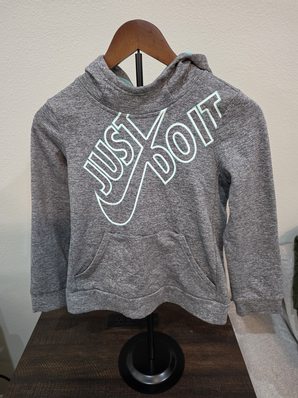 Nike Gray Hoodie with Mint-Outlined 'Just Do It' Logo
